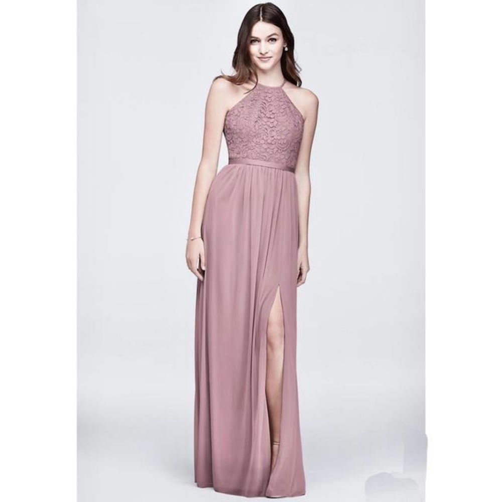 David’s Bridal Quartz/Dusty Rose Halter Floral Lace Dress